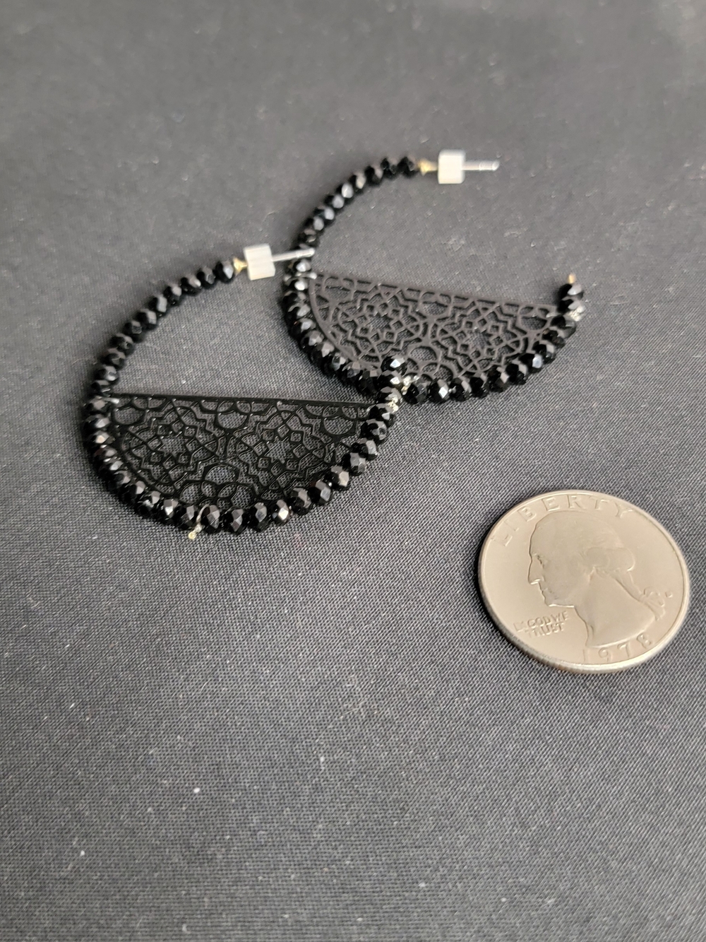 Black Filigree Beaded Hoop Earrings - Brand